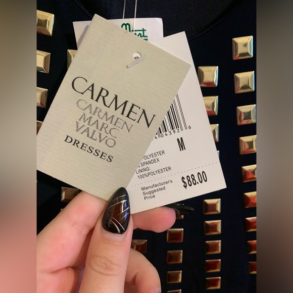 Carmen Marc Valvo Dark Blue Dress with Gold Gems NEW - Picture 5 of 6